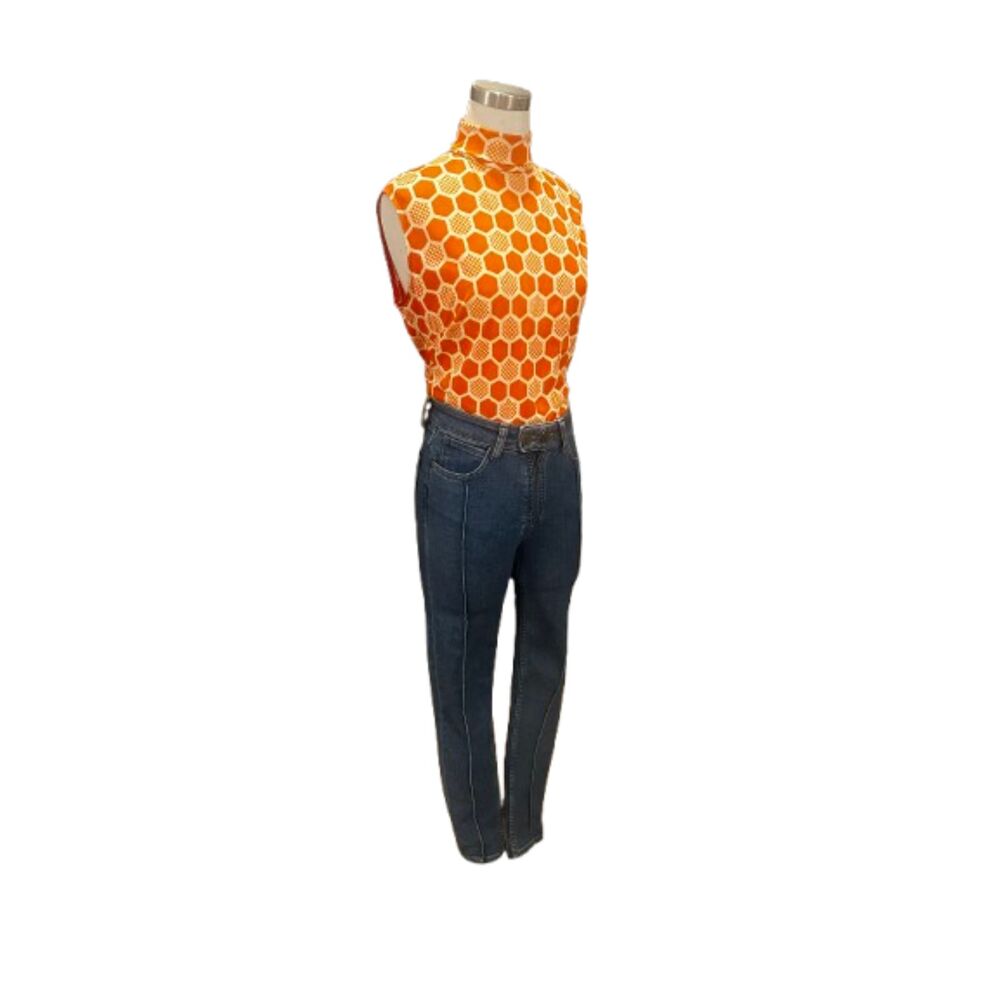 90s/Y2k 60s mod revival honeycomb mock neck top orange geometric sleeveless